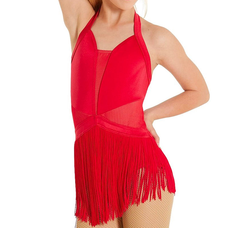 Weissman Balera dance costume red LUSTRE FRINGE HALTER DRESS authentic D11359 Child MC